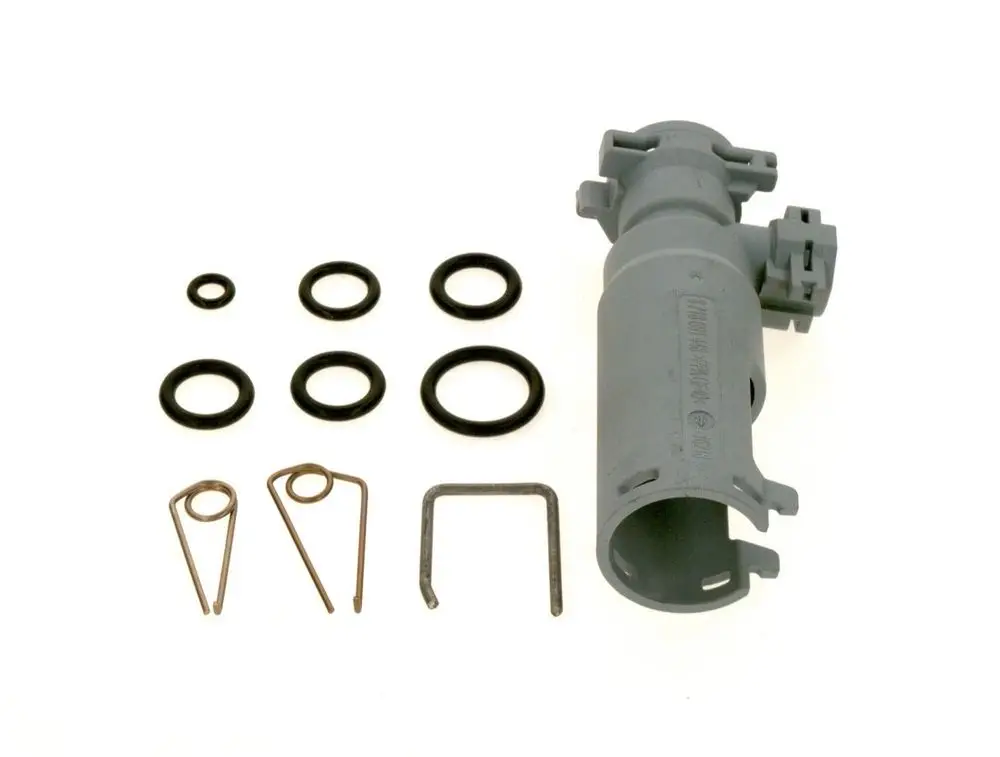 BOSCH Adapter mit mehreren Dichtungen, Ringen und Halterungen. Enthalten sind eine graue Komponente sowie verschiedene kleine Metall- und Gummiteile.